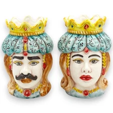 Sicilian Moorish Heads (pair) Drape and Crown, h 13 / 14 cm approx. calt ceramic