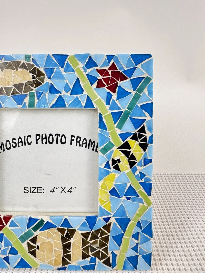 "Marco de fotos de mosaico de vidrio 4x4 flor de peces costeros marinos 8x8"" verde turquesa" Foto 3 de 4