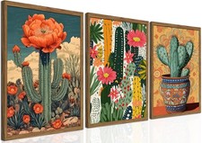 Framed Mexican Cactus Canvas Wall Art Set of 3 - Vintage Desert Floral Wall D...