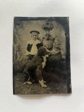 1800s Tintype Photo Boy, Retriever Dog, Mom Fauntleroy Outfit 2.5 x 3.5 In