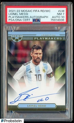 2021 Panini Mosaic Fifa World Cup Playmakers Lionel Messi PSA 7 PSA/DNA 10 AUTO