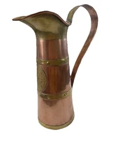 STUNNING  Copper Pitcher With Brass Straps 12" Tall Arts And Crafts Style