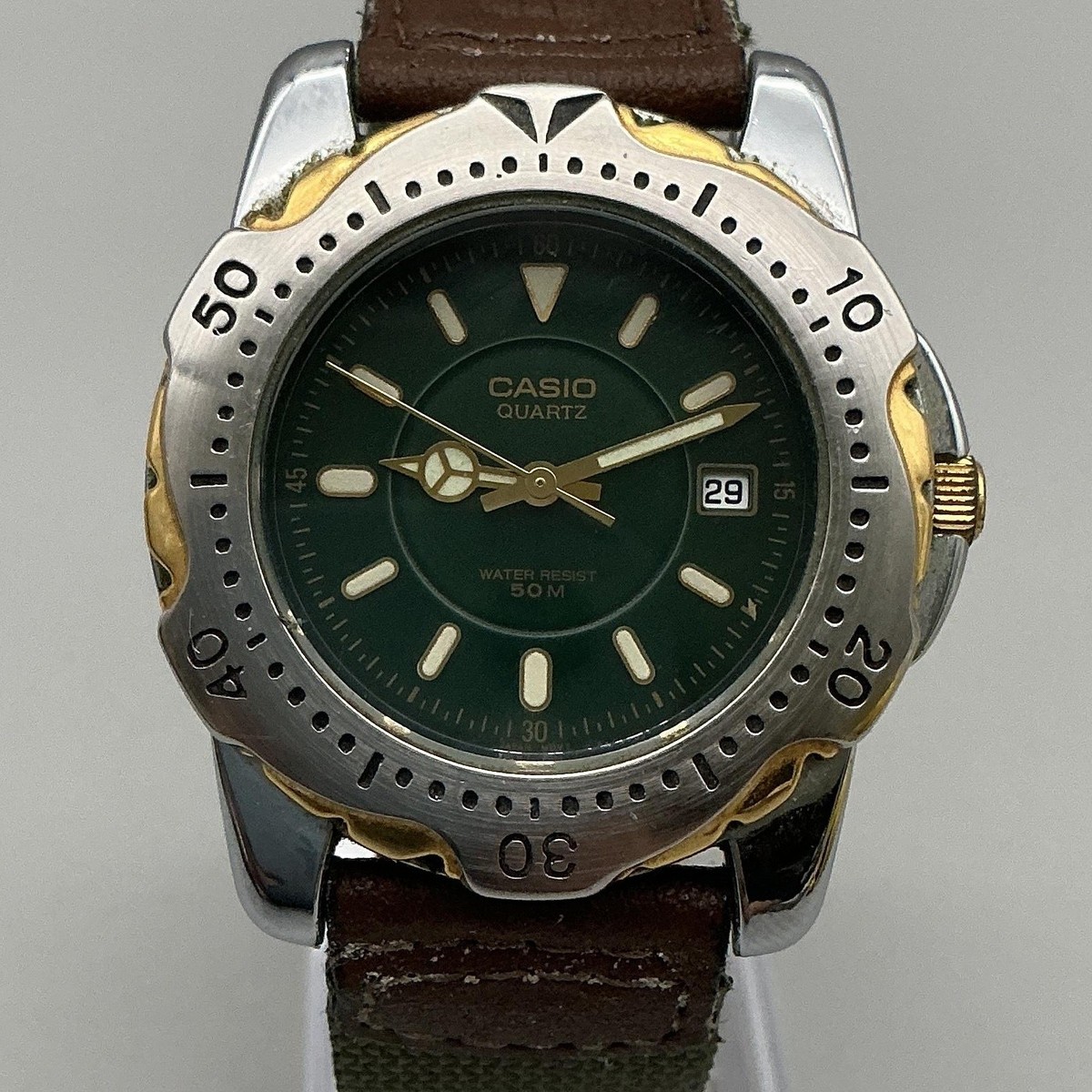 Casio 1342 MTP-3005 Mens Watch 40mm Green Two Tone Date Leather