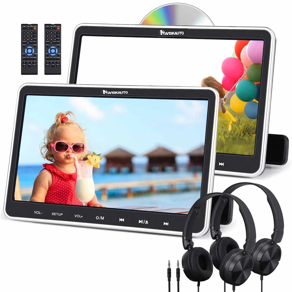 2 x 10.1" LCD Screen Car DVD Player Pillow Monitor Headrest USB HDMI+Headphones - Image 2 of 4