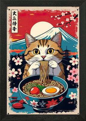 Cat eating ramen with Mount Fuji Framed Wall Art Poster Canvas Print Picture