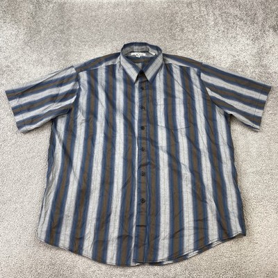 EMVO Button Up Shirt Men's 17.5 Stripe Short Sleeve Brown Blue Casual