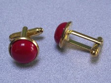 18K Yellow Gold Over Cufflinks Set with 12mm Deep Red Coral Cabochons For Men's