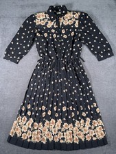 Vintage Black Floral Pleated Midi Dress with Button Front and 3/4 Sleeves