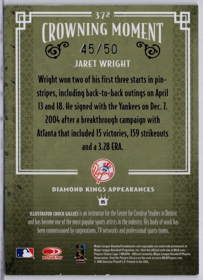 2005 Donruss Diamond Kings Framed Green #372 Jaret Wright #'d 45/50 - Image 2 of 2