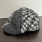 Lids Mens Flat Cap Ivy Hat Gray Patchwork Houndstooth Herringbone Wool L/XL