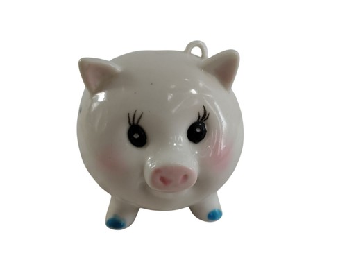 Blushing White Ceramic Piggy Bank Small Blue Dots Ribbon Hole 5"x4"x4.5" Vintage - Picture 3 of 6