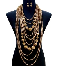 Long Big Golden Pearl Multi Strand Layered Bead Chunky Jewelry Necklace Set