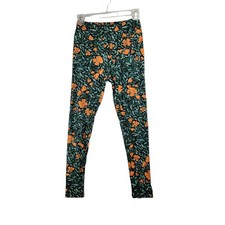 LULAROE ORANGE ROSES GREEN LEGGINGS-ONE SIZE