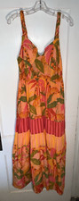 Farm Rio Anthropologie Sleeveless Orange Tropical Tiered Maxi Dress Size L  d676