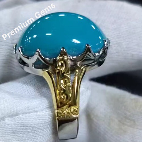 Anello In Argento 925 Con Turchese Naturale Nishapuri (Feroza), 8ct, Ovale, Fatto A Mano, Pakistan - Foto 3