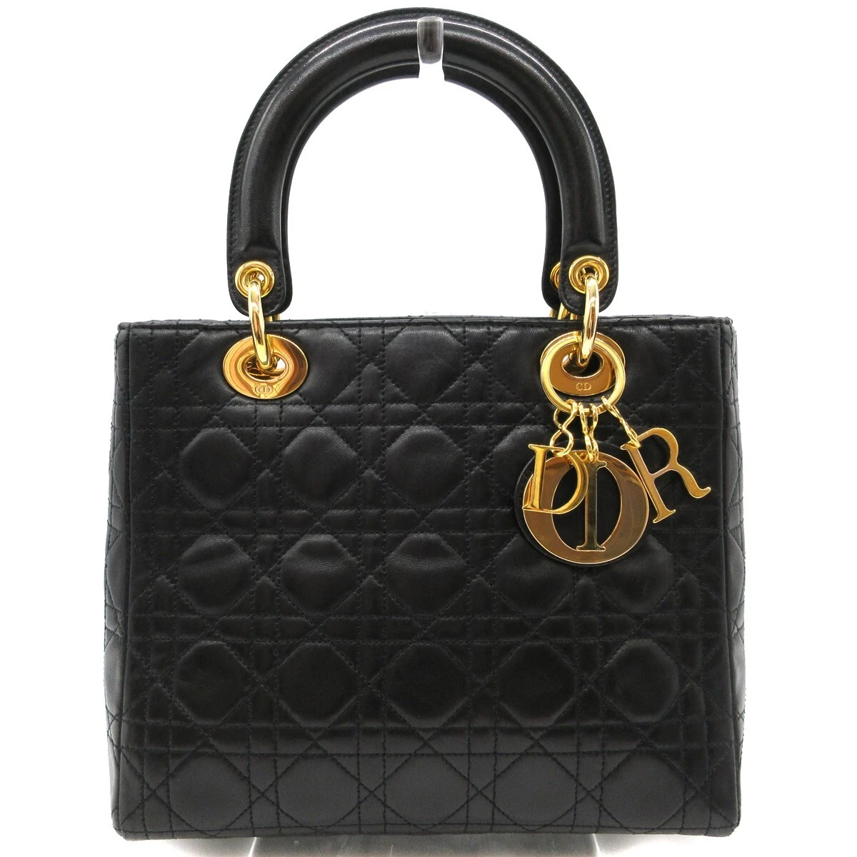 Sac fourre tout à main CHRISTIAN DIOR Lady Cannage cuir noir or Italie M756