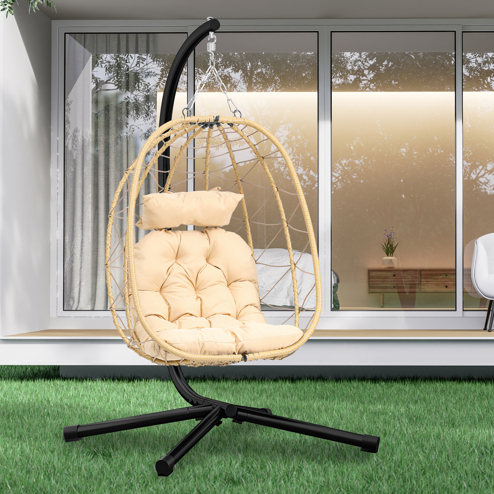TAUS Hanging Egg Chair w/Stand Swing Chair Wicker Indoor Outdoor+Cushions Beige