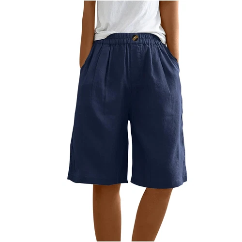 Womens Solid Color Pants Pocket Button Up Capris Loose Elastic Waist Shorts - Bild 10 von 63