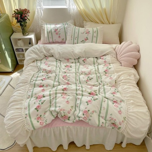 Fleece Warm Winter 4Pcs Bedding Set Floral Ruffled Chic Patchwork Cover Bedskirt - Picture 9 of 16