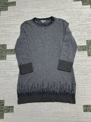 Neiman Marcus Sweater Dress Womens Medium Gray Cashmere Ribbed Trim Crew Neck