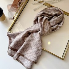 GUCCI SCARF SHAWL AUTHENTIC 100 SILK BEIGE BROWN CLASSIC LOGO LIGHT WEIGHT