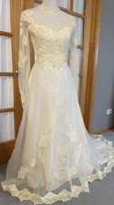70s Embroidered Floral Lace Wedding Gown S Ivory Faux Pearl Illusion Neck Train