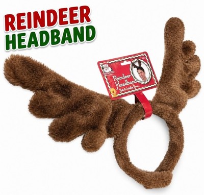 PLUSH REINDEER HEADBAND ANTLERS Rudolf Hat Brown Fur Moose Funny Costume Deer