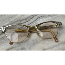 Vintage Art-Craft Cat Eye Glasses Gold Aluminum Browline Etched Floral 50s USA