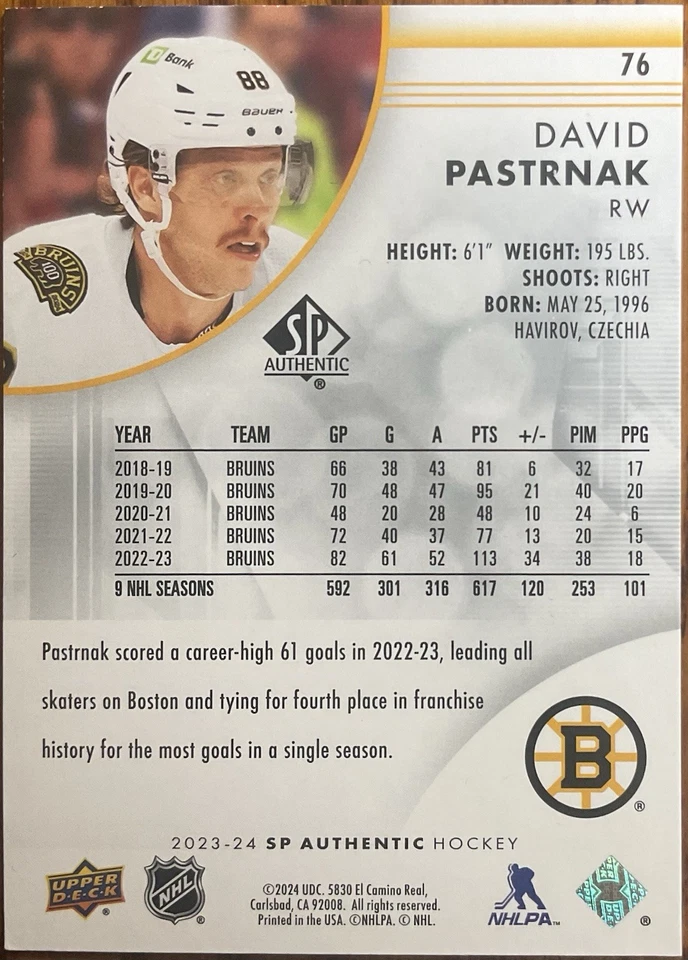 2023-24 SP Authentic David Pastrnak #76 Boston Bruins - Image 2 of 2