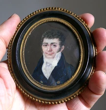 Tableau ancien peinture Miniature  Portrait Homme Empire Restauration Début XIXe