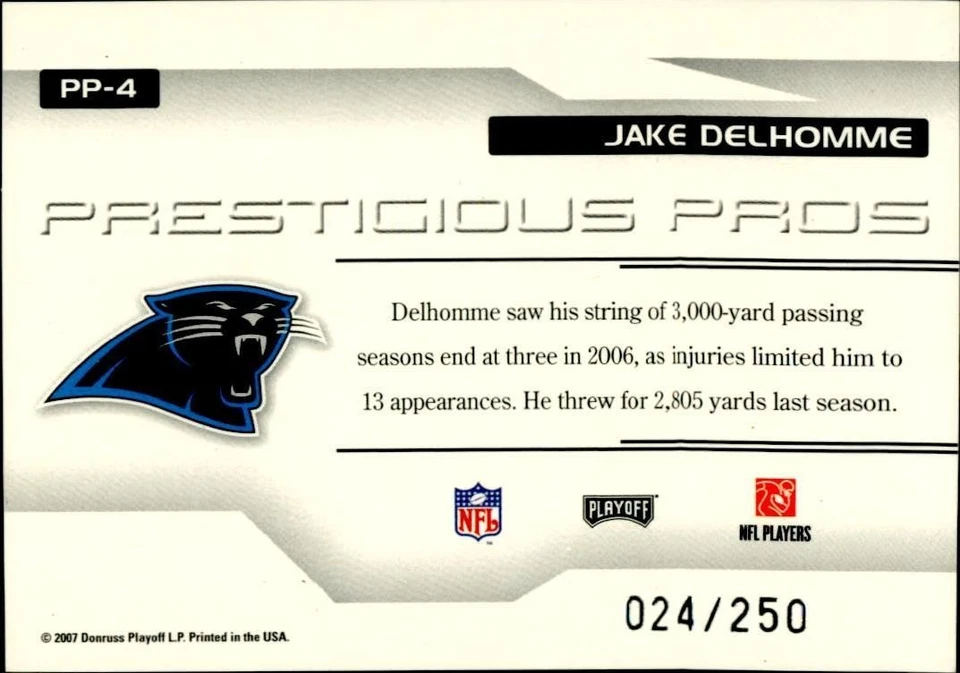 2007 Playoff Prestige - Prestigious Pros Jake Delhomme #PP-4 /250 - Image 2 of 2