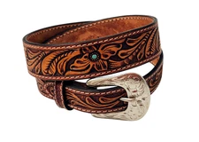 Ranger Western Cognac Tan Turquois Tooled Leather Belt Floral Billet Size 42