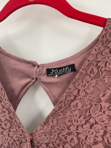 J For Justify Neu mit Etikett Spitzen-Overlay-Kleid dunkelbraun rosa Langarm kurz XL 075 - Bild 5 von 7