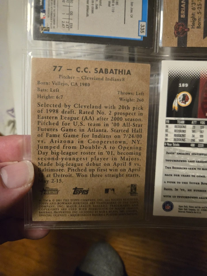 2001 年 Bowman Heritage #77 CC Sabathia 亲笔签名卡名人堂洋基队守护传奇 — 第 2/2 张图片