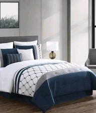 8pc Queen Ellison Embroidered Colorblock Comforter Bedding Set Navy Blue