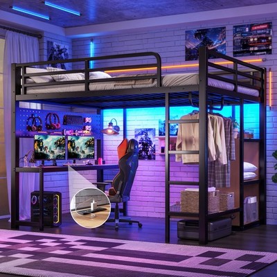 Queen Loft Bed with Desk, Storage Shelves, USB Ports, Black