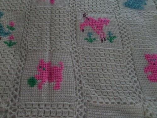 Yellow Cross stitch animals crochet baby blanket 54 x 41 1/2" Hand made - Picture 3 of 7