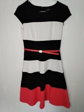 R&K Women's 6 Striped Multicolor Dress Short Sleeve Belt A Line Knee Length