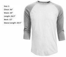 3/4 Sleeve Plain T-Shirt Baseball Raglan Jersey Sports Men's Tee White Gray S
