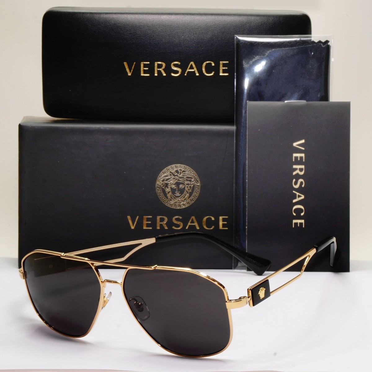 Versace Sunglasses Navigator Black Gold Pilot Metal Medusa MOD VE