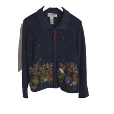 Tiara Women's Christmas Sweater Zip Cardigan Reindeer With Bells Size Medium VTG