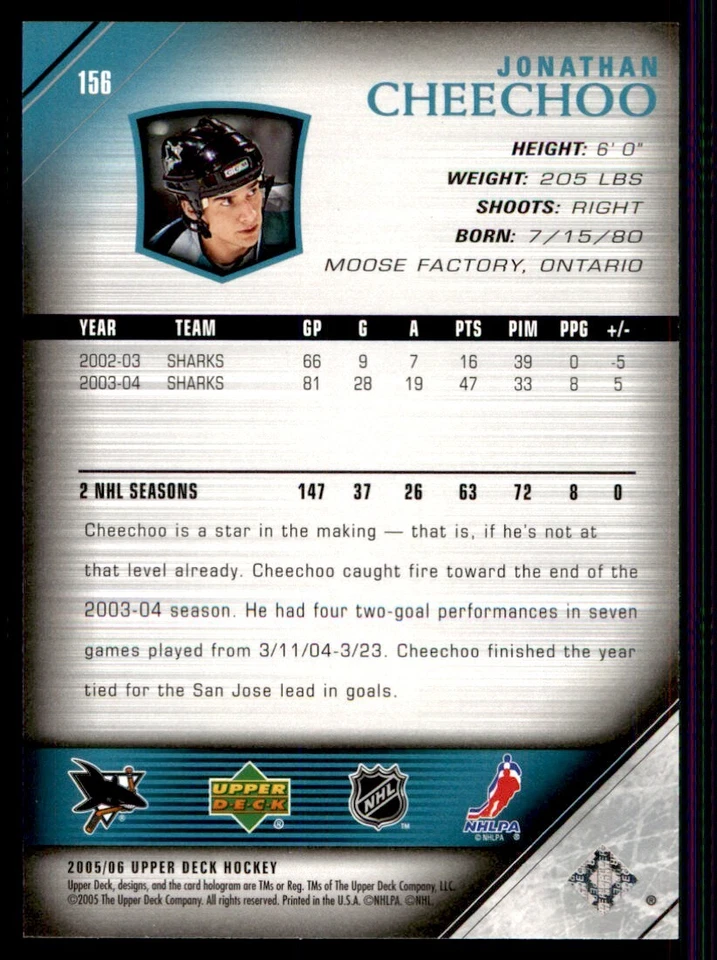 2005-06 Upper Deck Jonathan Cheechoo San Jose Sharks #156 - Image 2 of 2