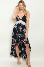 Navy Blue Floral High Low Maxi Dress Size Small Lace Accents Sundress Travel