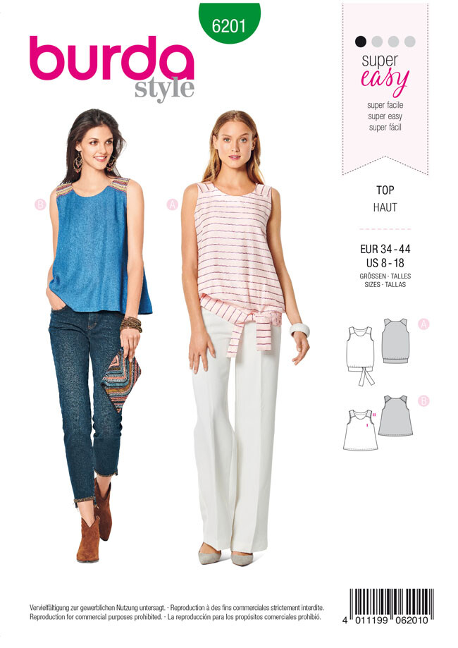 Burda Super Easy SEWING PATTERN 6201 Misses' Sleeveless Tops Sizes 8-18