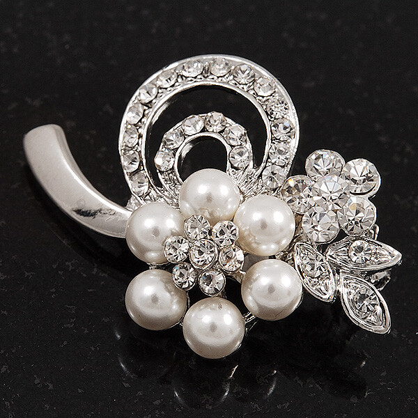 Fancy Simulated Pearl Diamante Flower Brooch (Silver Plated Metal)