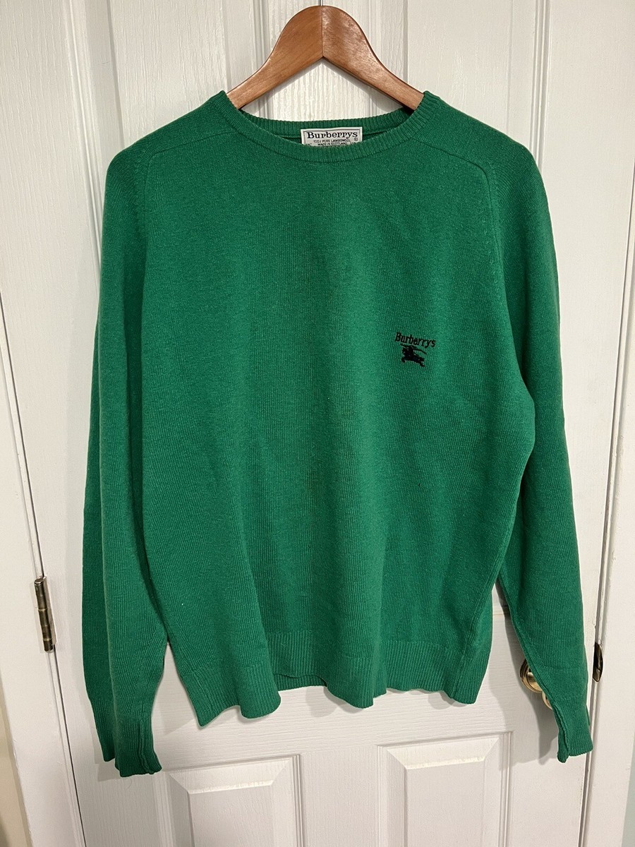 Vintage Burberrys Mens Green Lambswool Crew Sweater w/ Embroidered