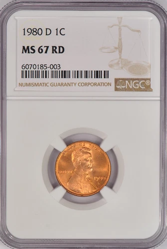 1980 D Lincoln Memorial Cent NGC MS 67 RD Gem Coin 1C