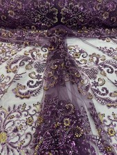 Beaded Lace Fabric Purple Gold Sequin Embroidered Tulle Evening Dress