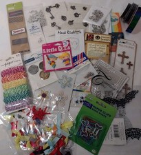 Large Lot NEW Scrapbooking Supplies Ribbon Charms Trim Rhinestones More