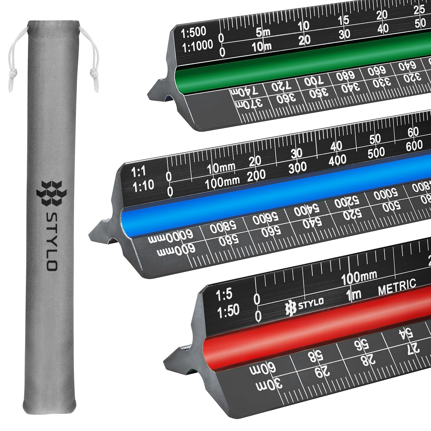 Aluminum Architect Scale - 30Cm Laser Etched Triangle Drafting Ruler with Colour
